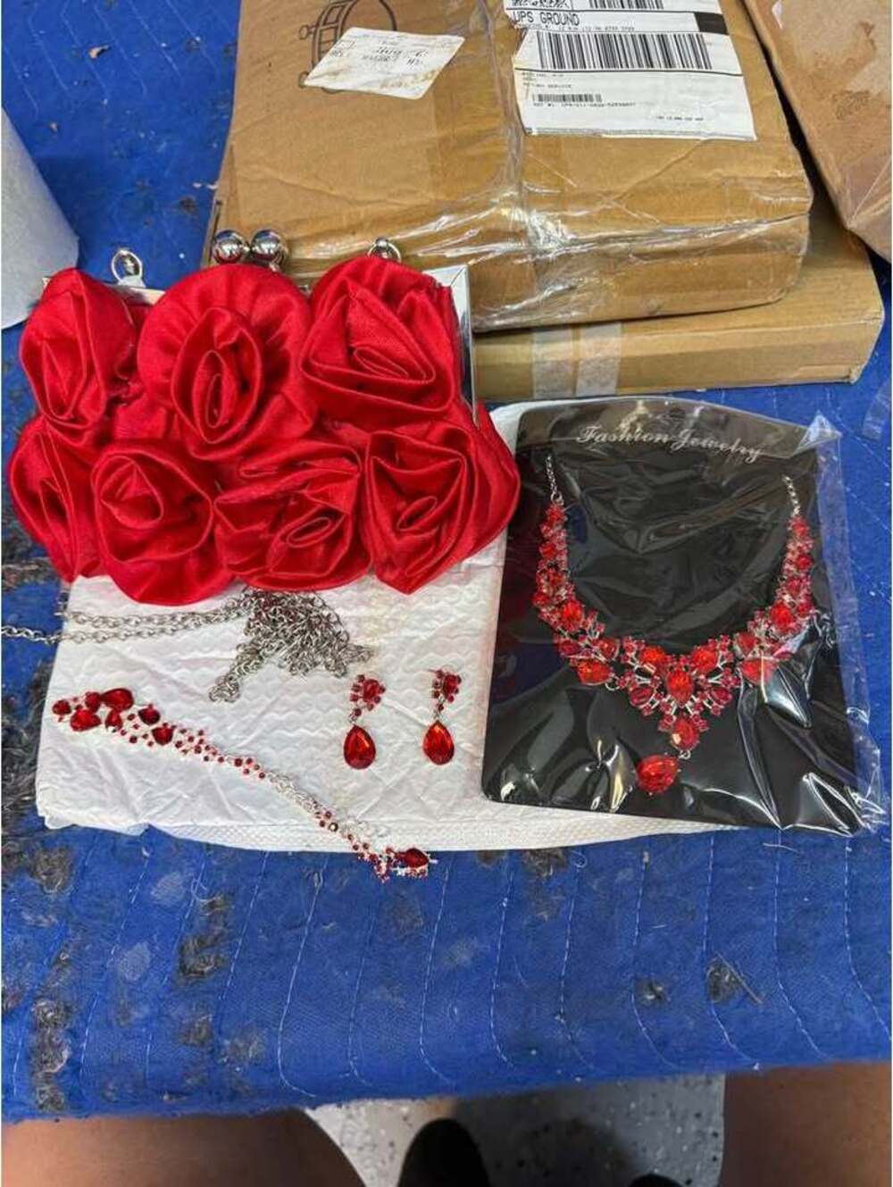 Ruby Red Flower Clutch and Costume Necklace and Earrings